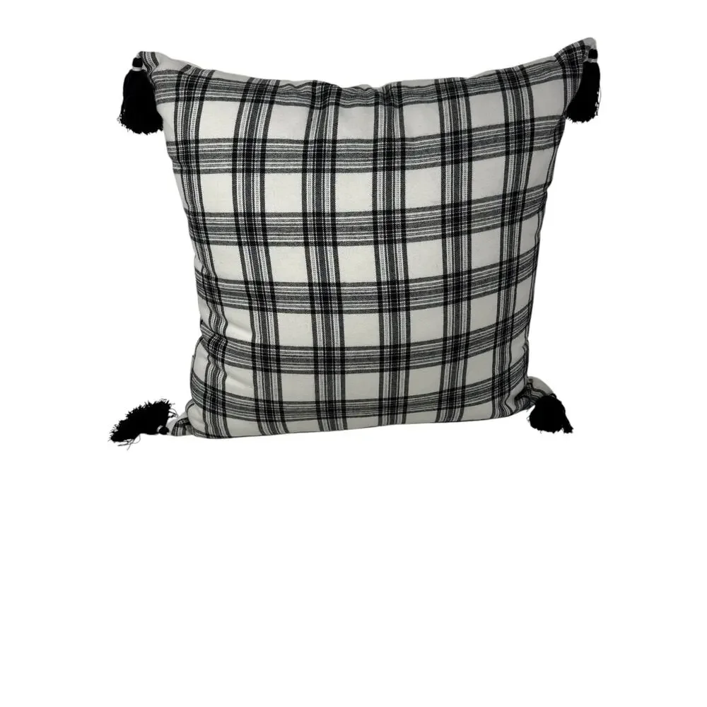 Rae Dunn BLESSED Throw Pillow Black White Plaid Tassel Farmhouse Accent Cushion